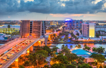 Fort Lauderdale, Florida, USA skyline drawbridge at dusk.